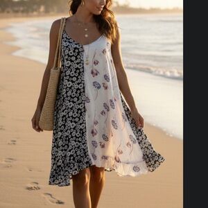 Free people A-line handkerchief hem mixed print tunic/mini dress beach boho M
